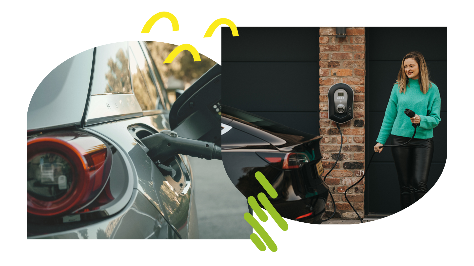 Two images 1. of an electric car being charged 2. A woman charging an electric car at her car